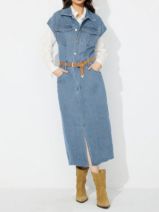 Collared Neck Cap Sleeve Denim Dress