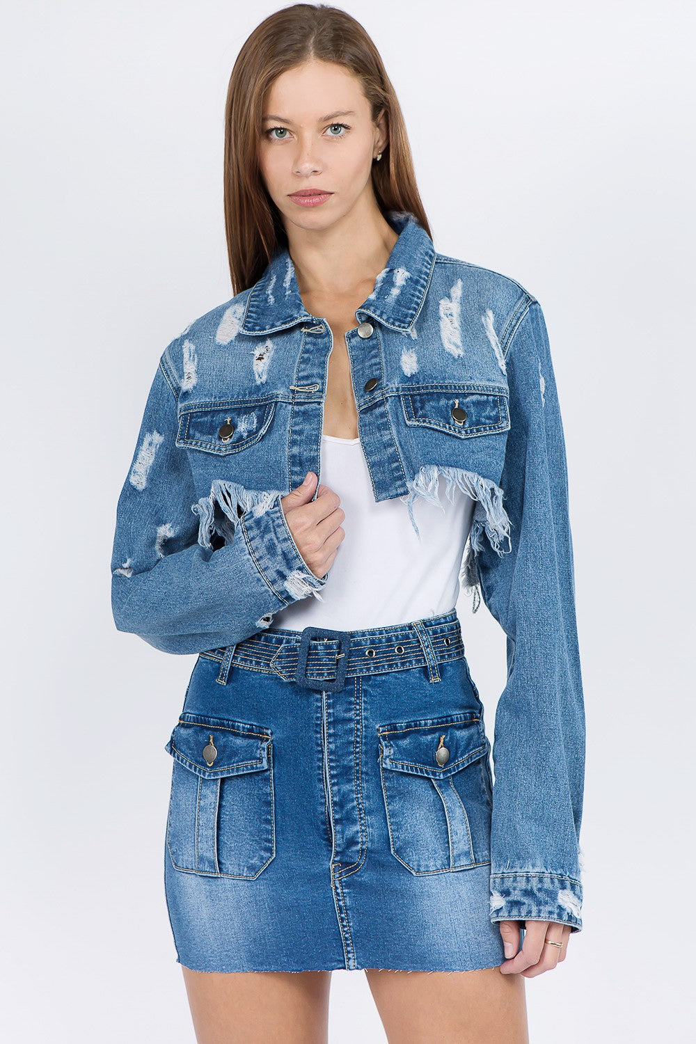 Distressed Frayed Hem Denim Jacket