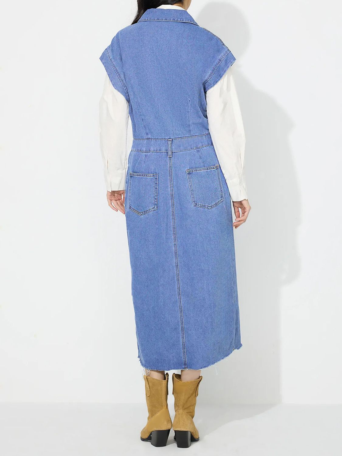 Collared Neck Cap Sleeve Denim Dress