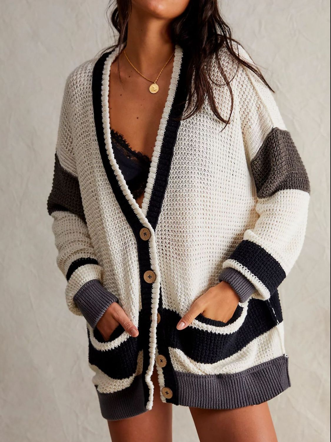 Contrast V Neck Long Sleeve Cardigan