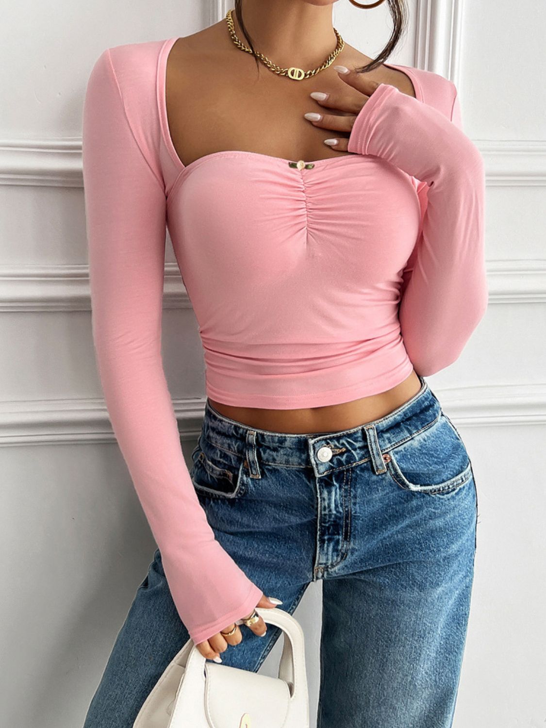 Cutout Square Neck Long Sleeve Shirt