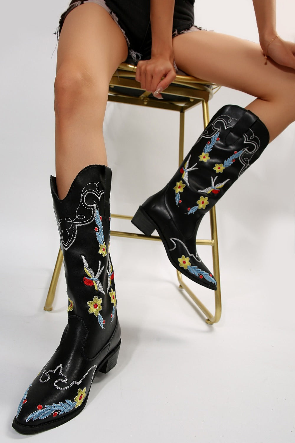 Embroidered Block Heel Boots