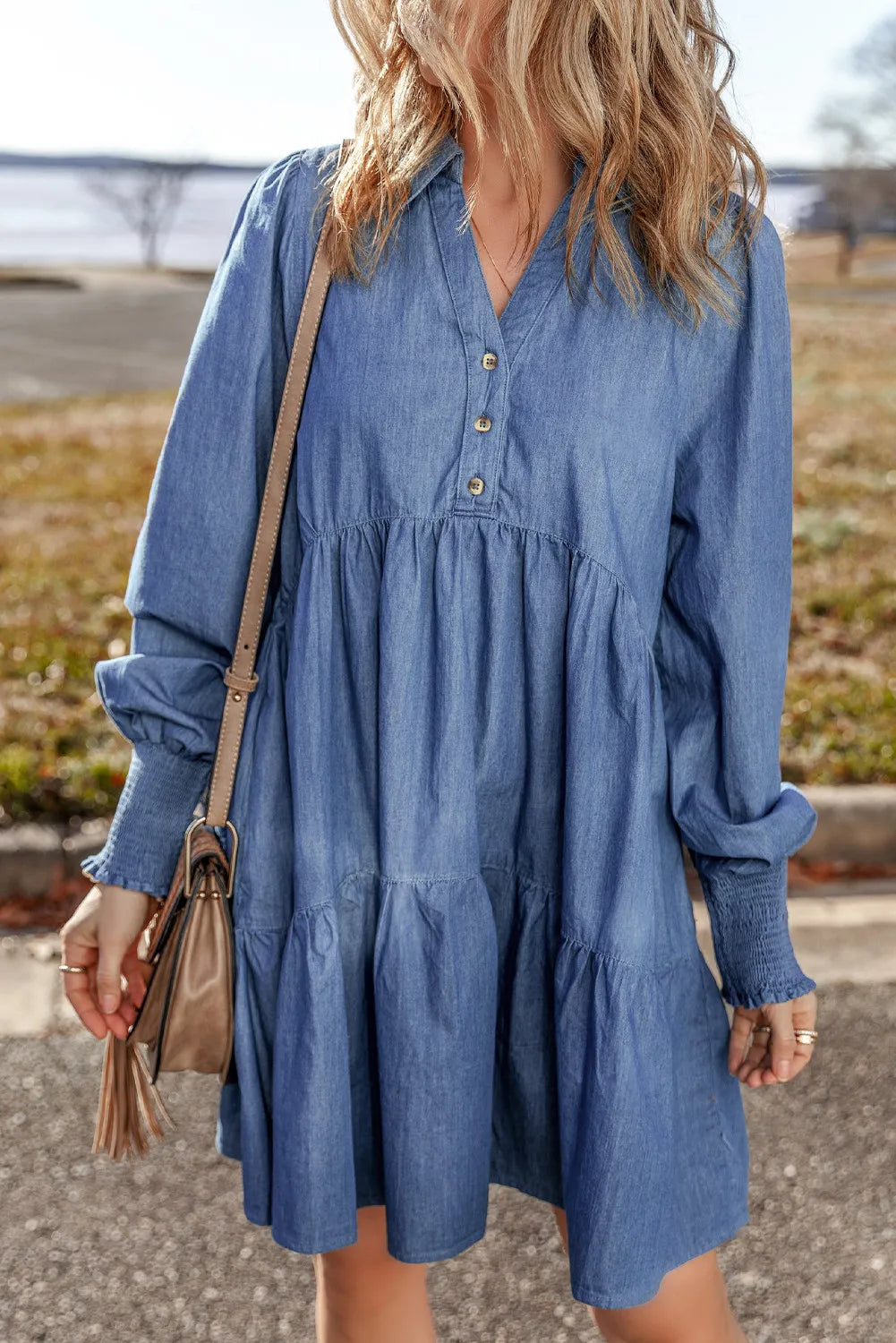 Tiered Collar Long Sleeve Denim Dress