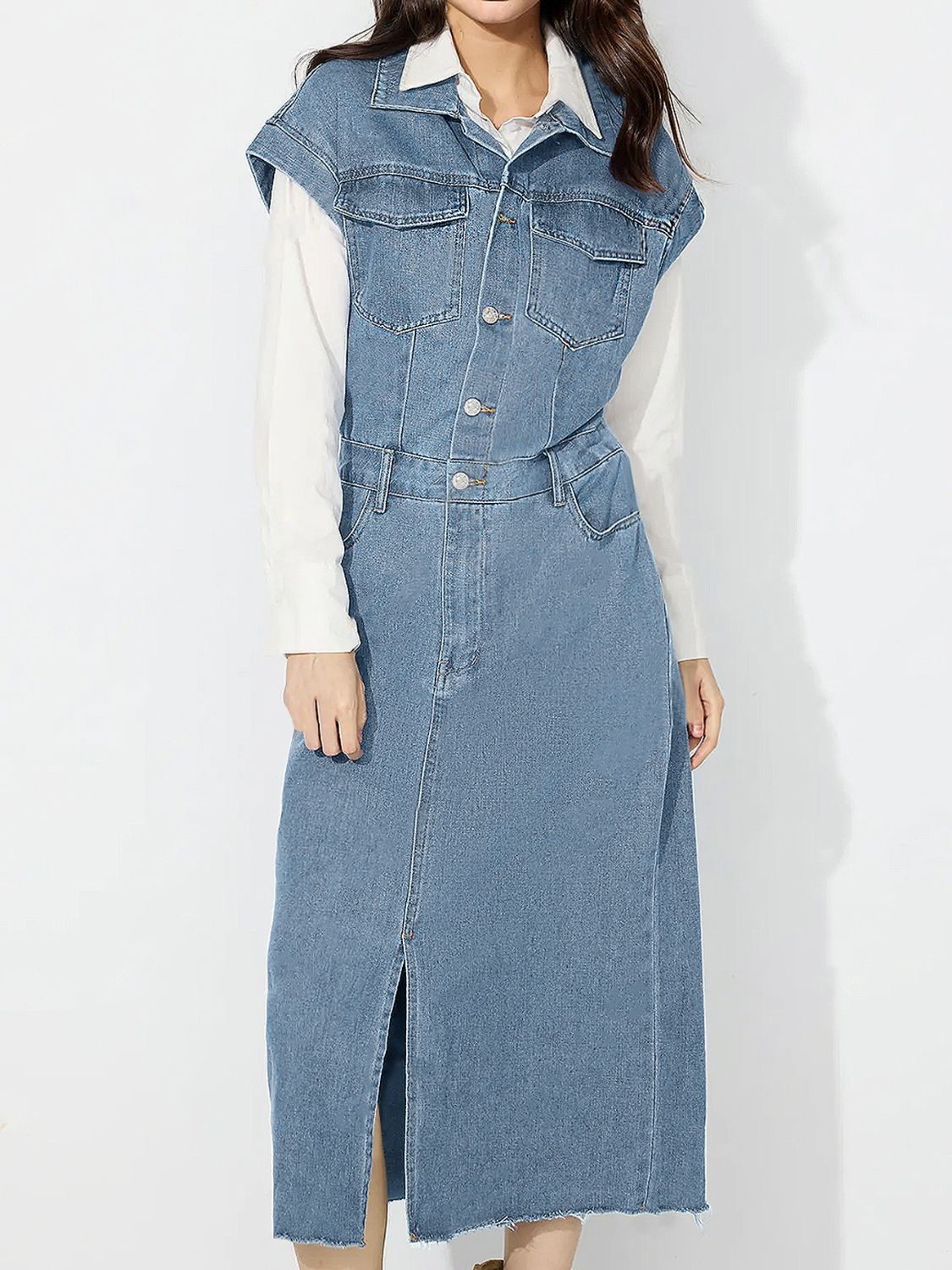 Collared Neck Cap Sleeve Denim Dress