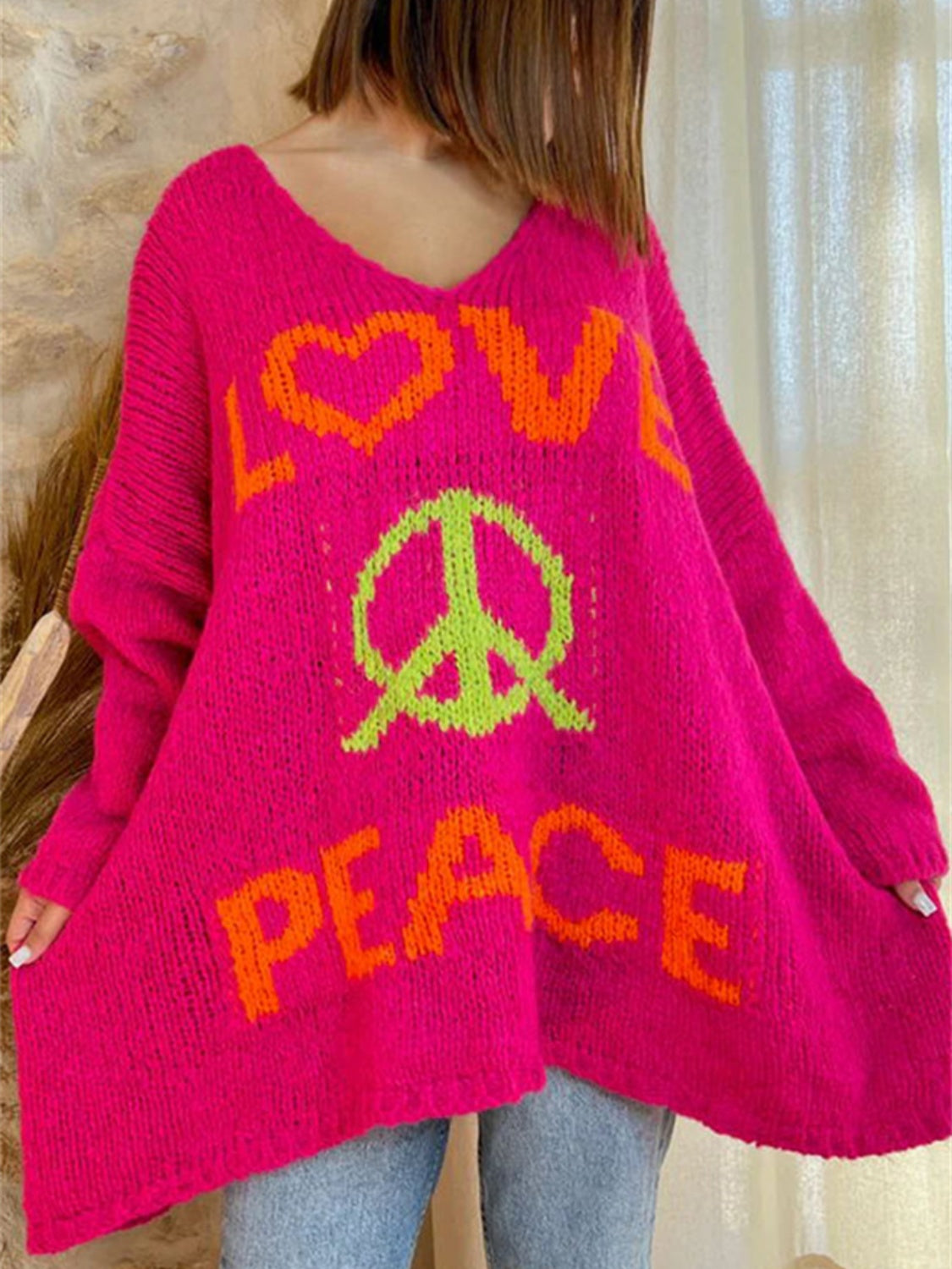 Peace Graphic V Neck Sweater