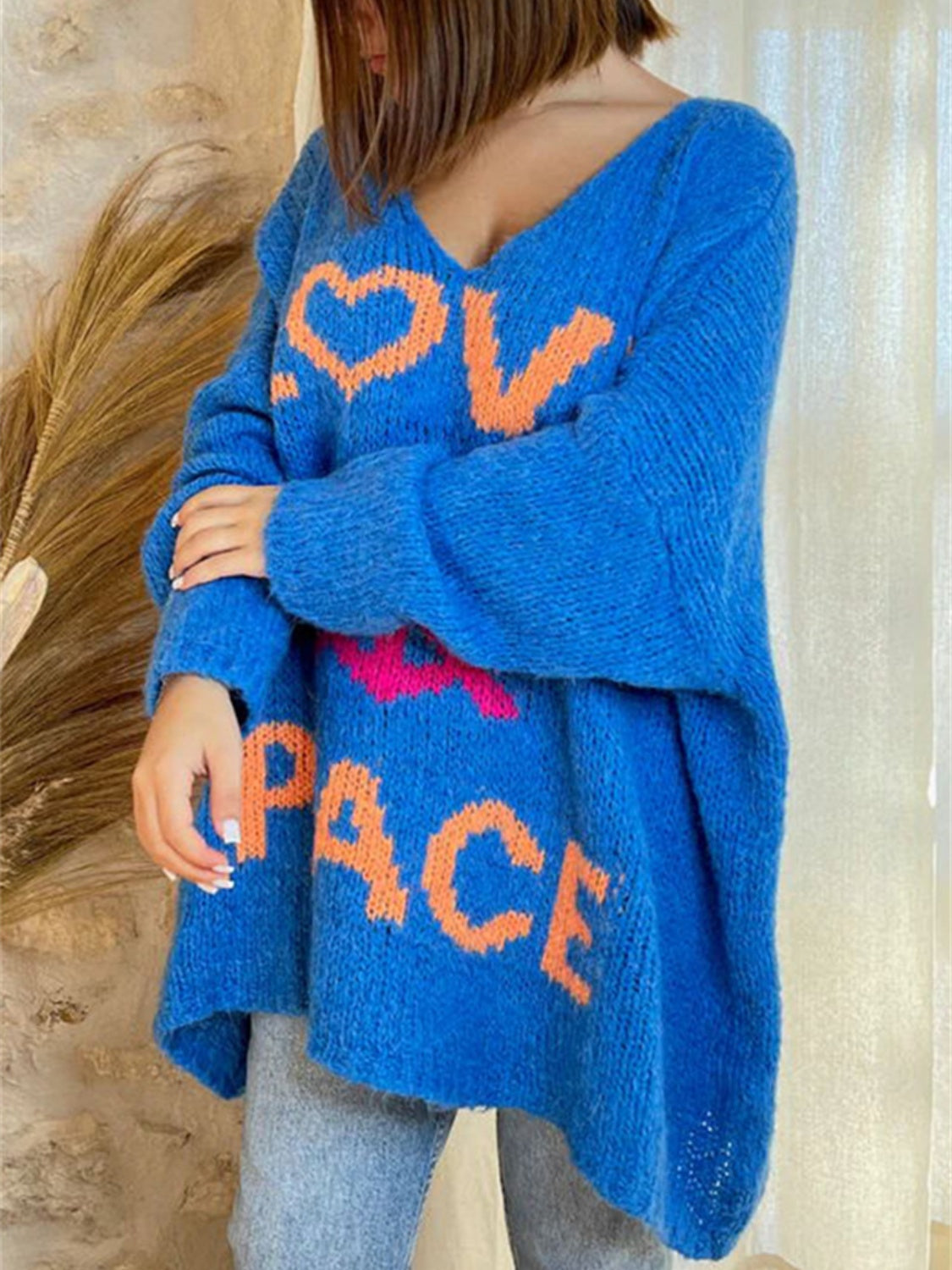 Peace Graphic V Neck Sweater