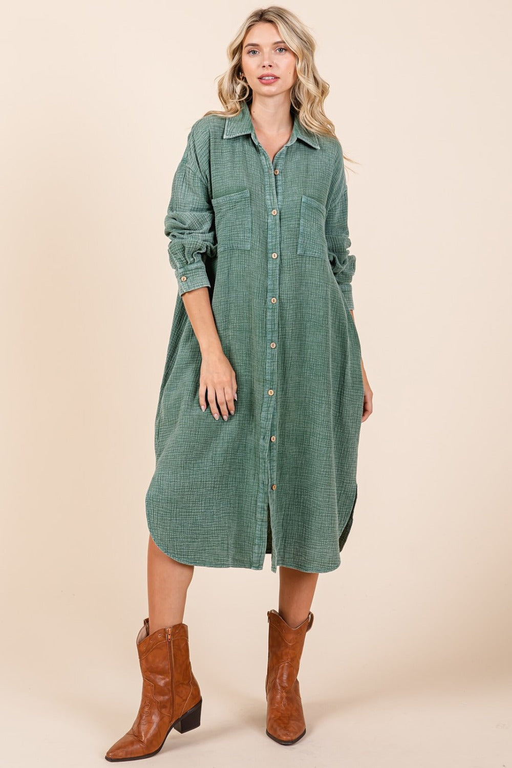 Mineral Wash Cotton Midi Shirt Dress