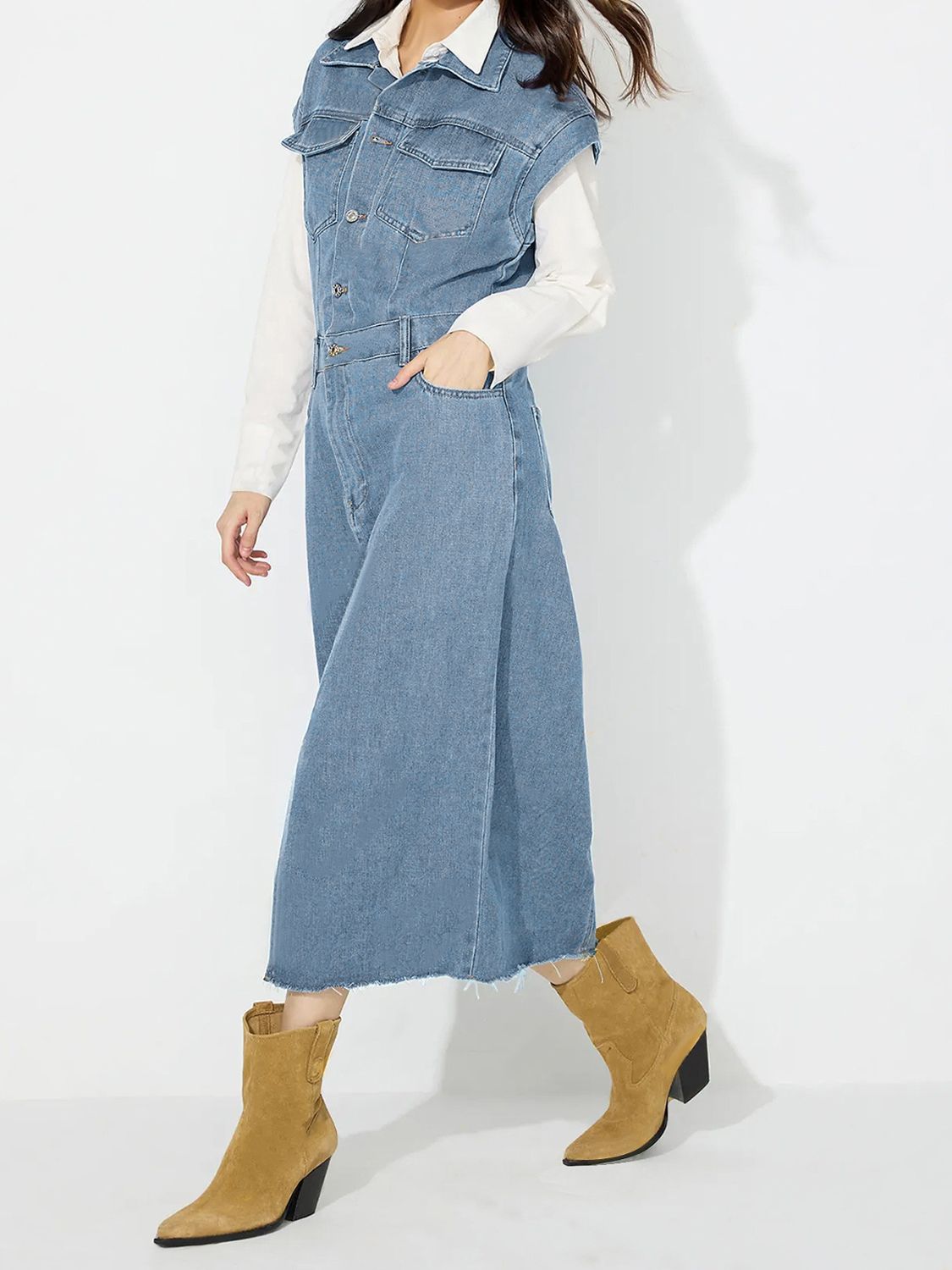 Collared Neck Cap Sleeve Denim Dress