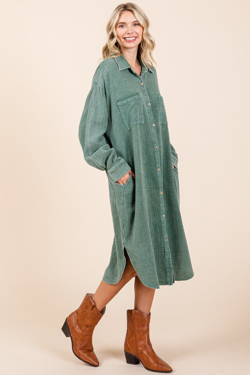 Mineral Wash Cotton Midi Shirt Dress