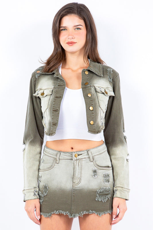 Distressed Ombre Cropped Denim Jacket