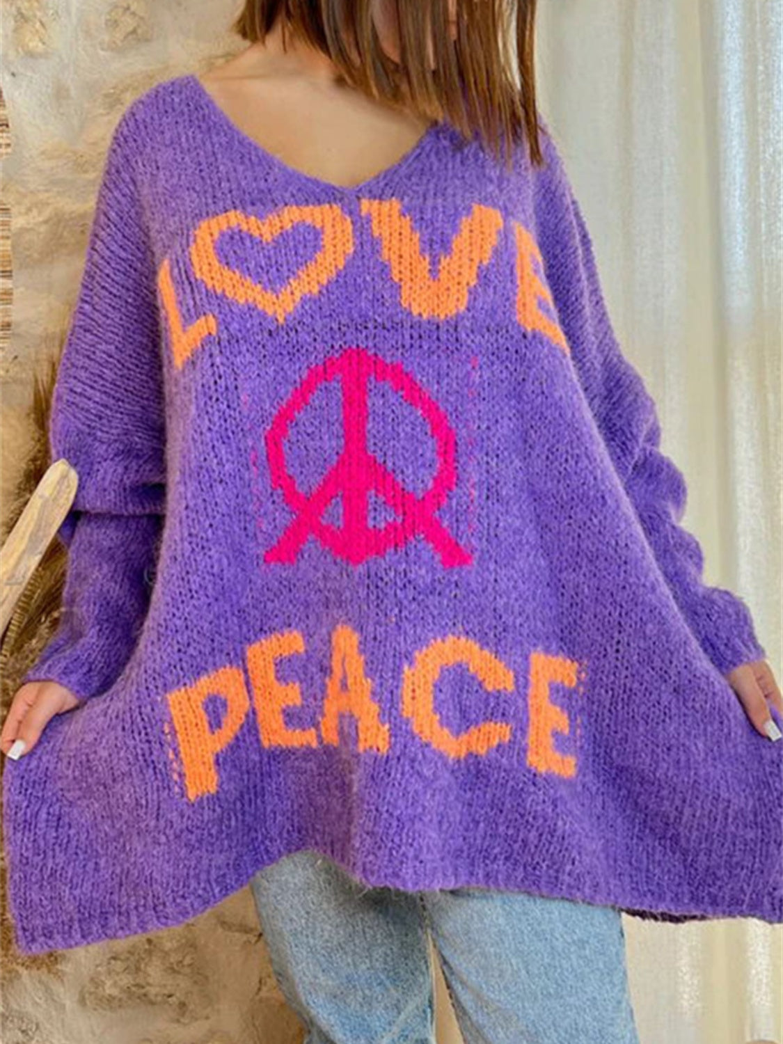 Peace Graphic V Neck Sweater