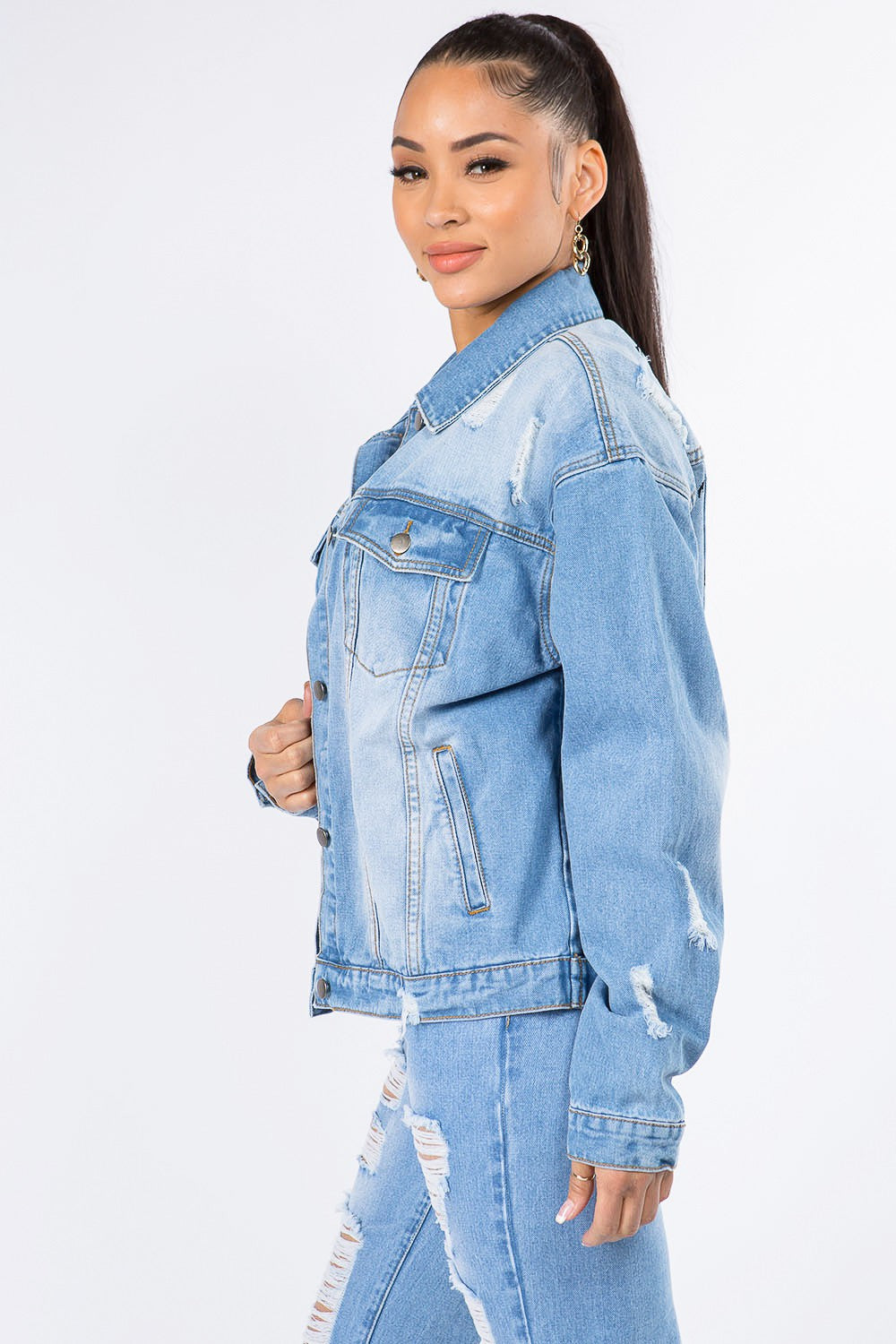 Distressed Long Sleeve Denim Jacket