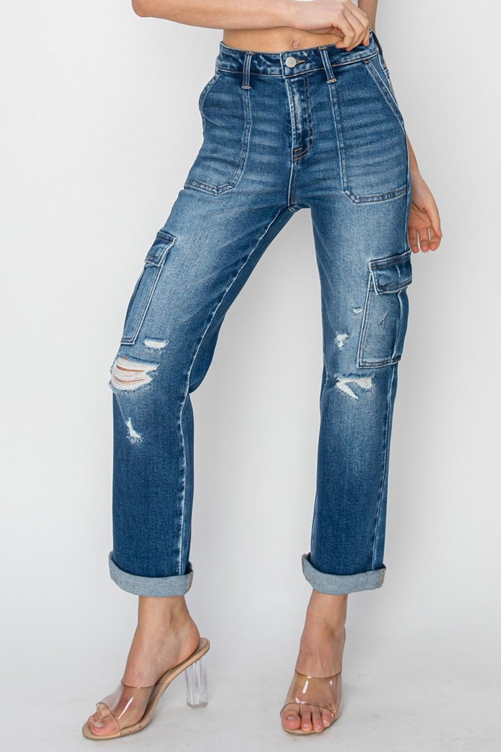 High Rise Cargo Ankle Roll Up Straight Jeans