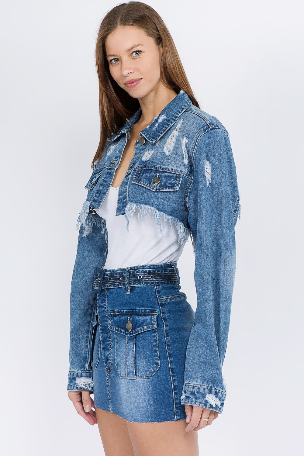 Distressed Frayed Hem Denim Jacket