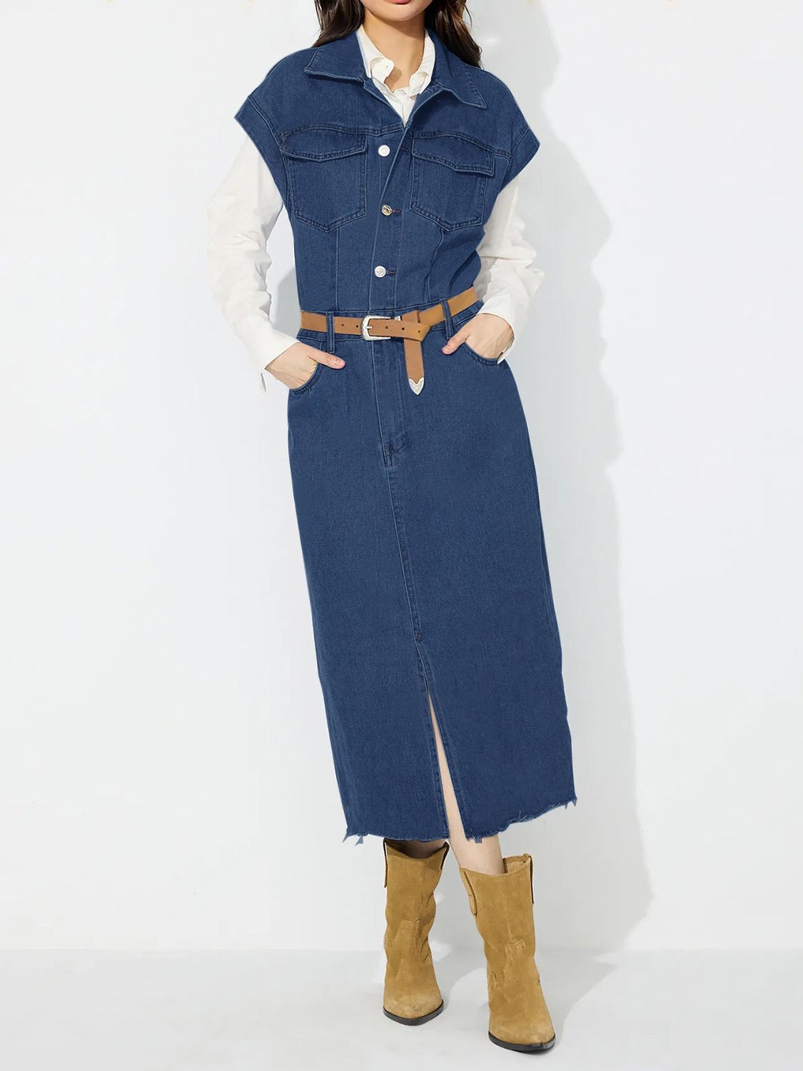 Collared Neck Cap Sleeve Denim Dress