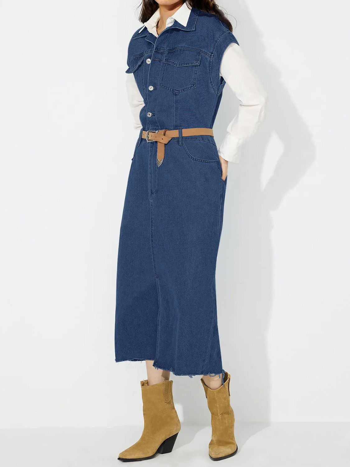 Collared Neck Cap Sleeve Denim Dress