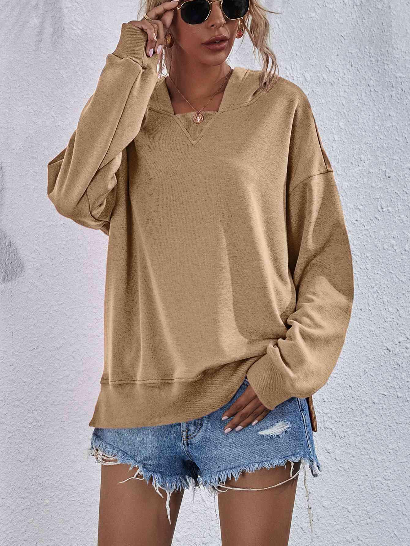 Dropped Shoulder Slit Hoodie Sweatshirt