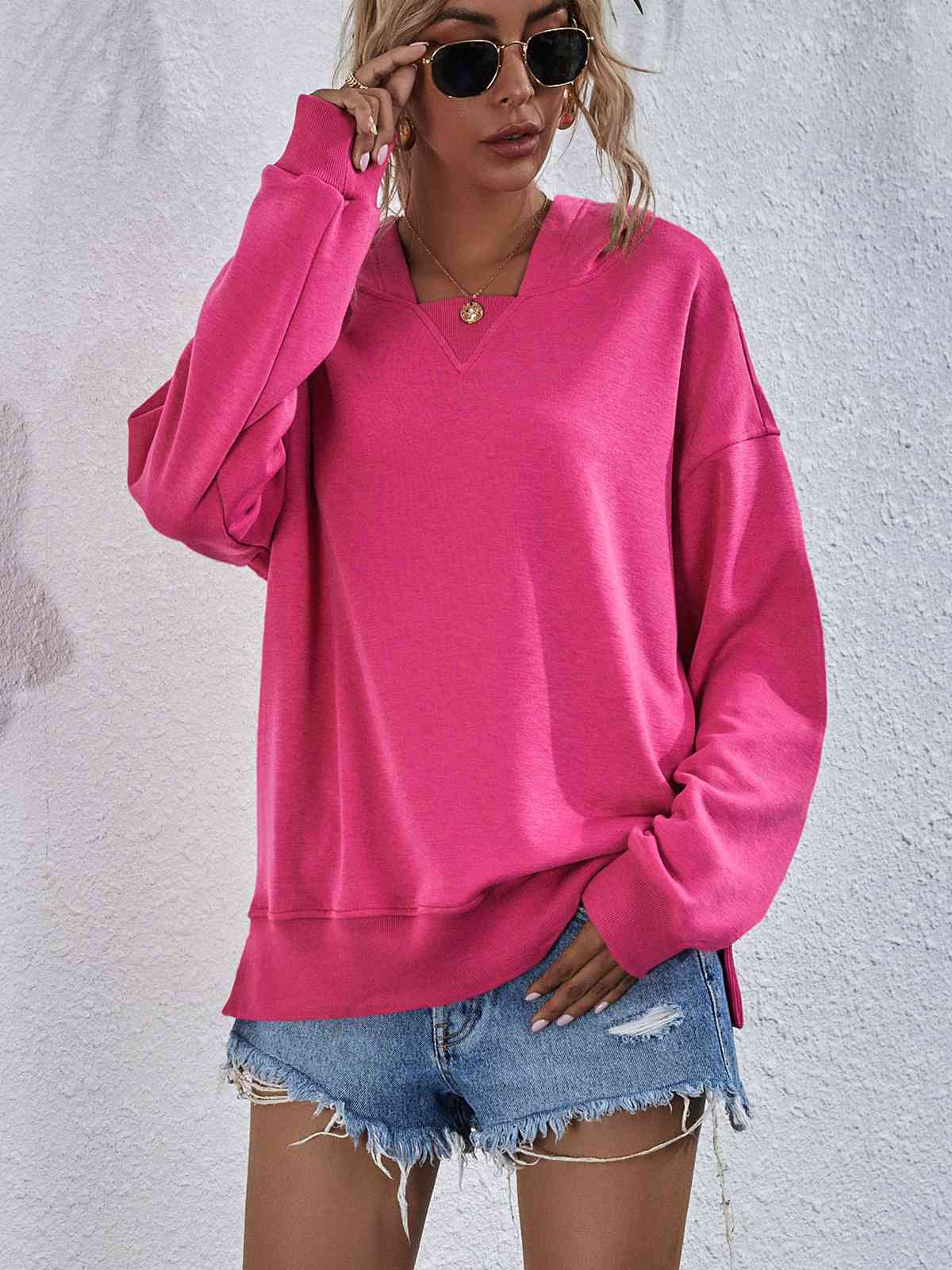 Dropped Shoulder Slit Hoodie Sweatshirt