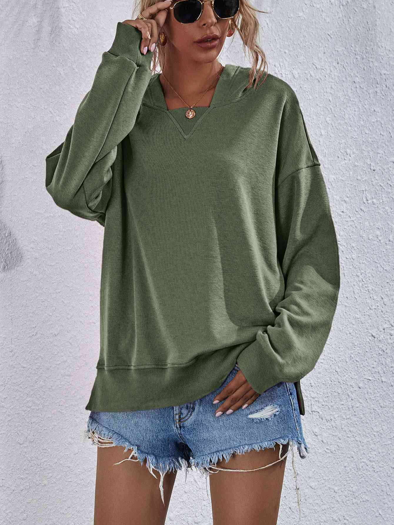 Dropped Shoulder Slit Hoodie Sweatshirt