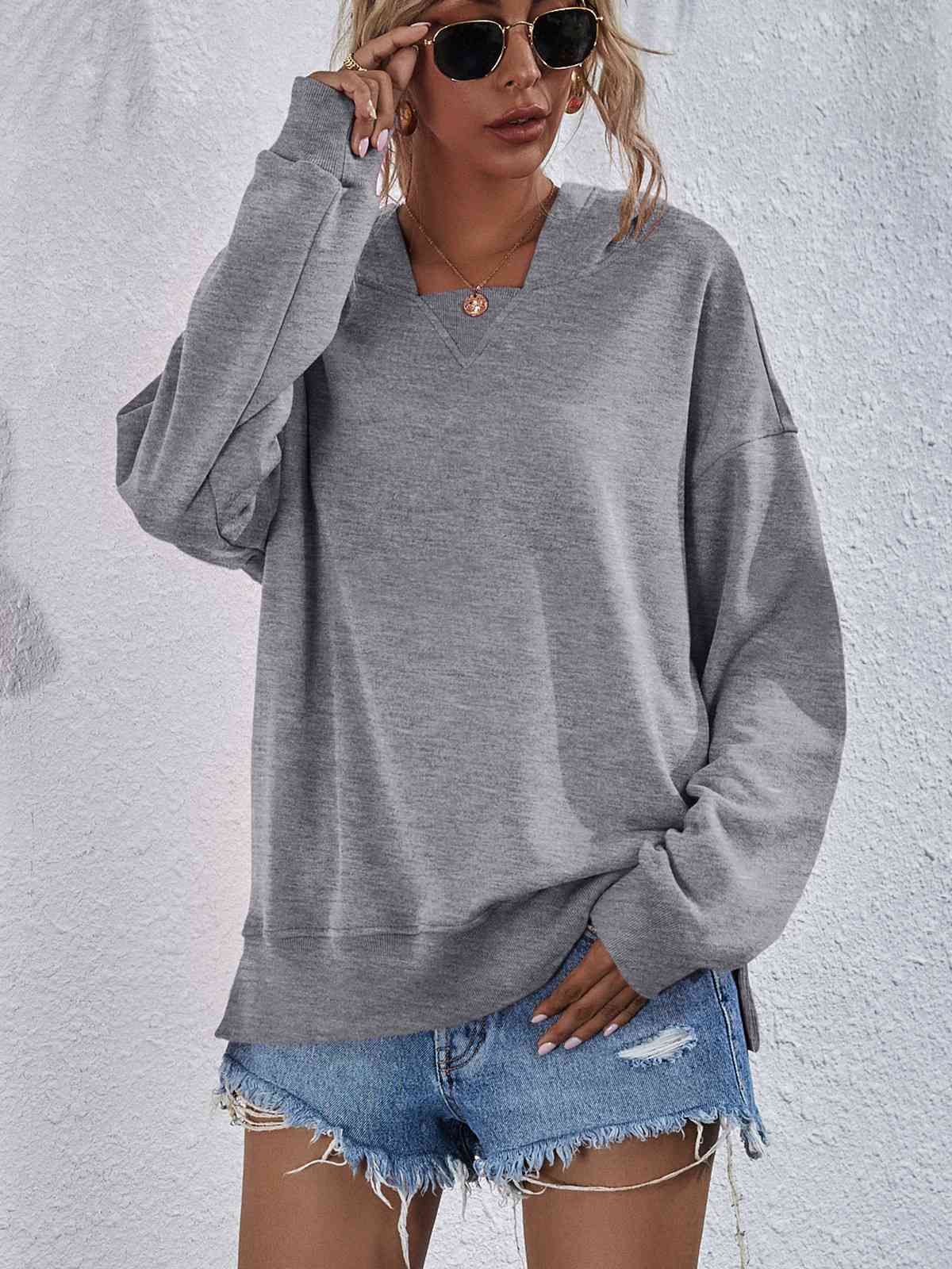 Dropped Shoulder Slit Hoodie Sweatshirt