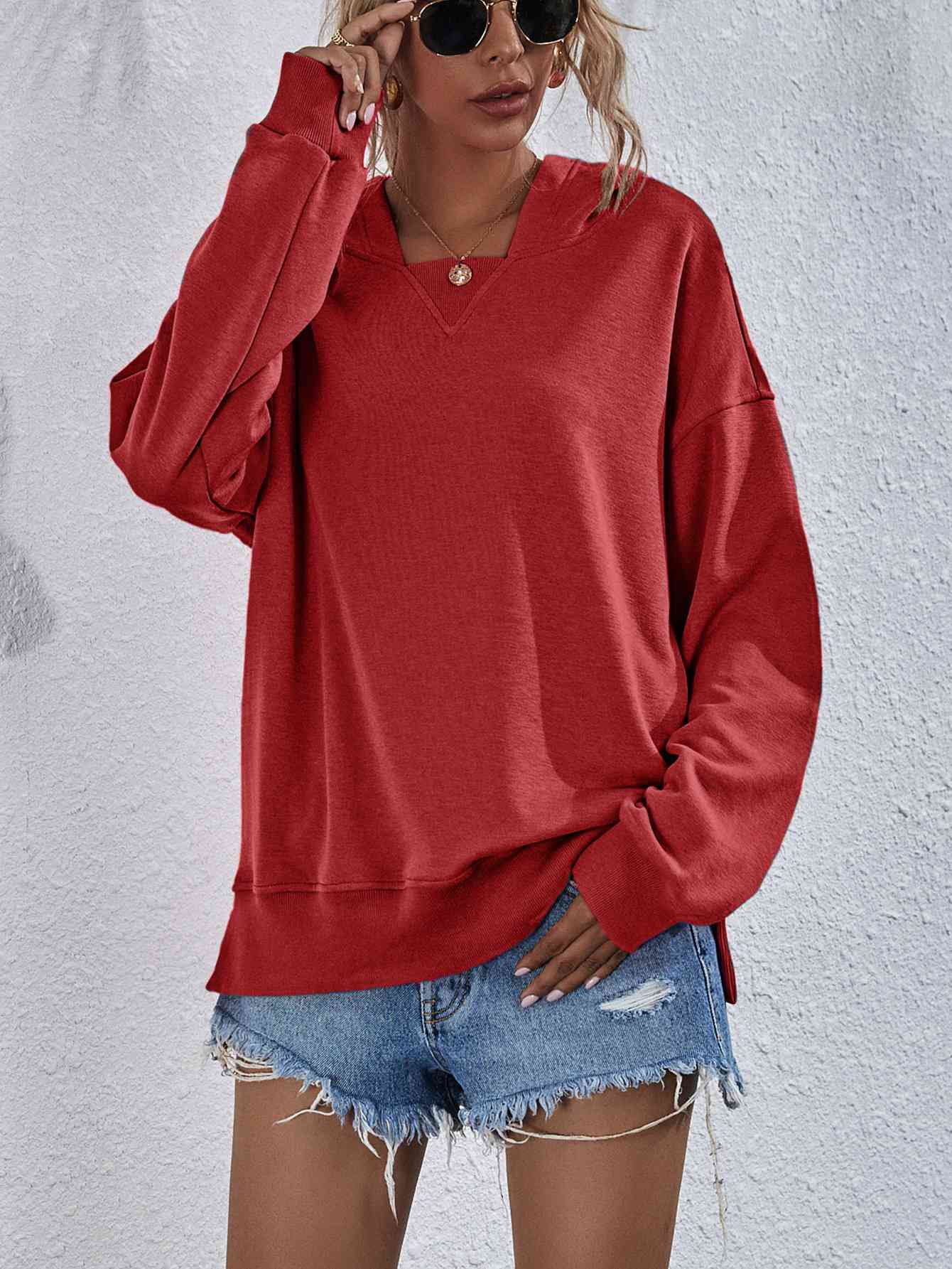 Dropped Shoulder Slit Hoodie Sweatshirt