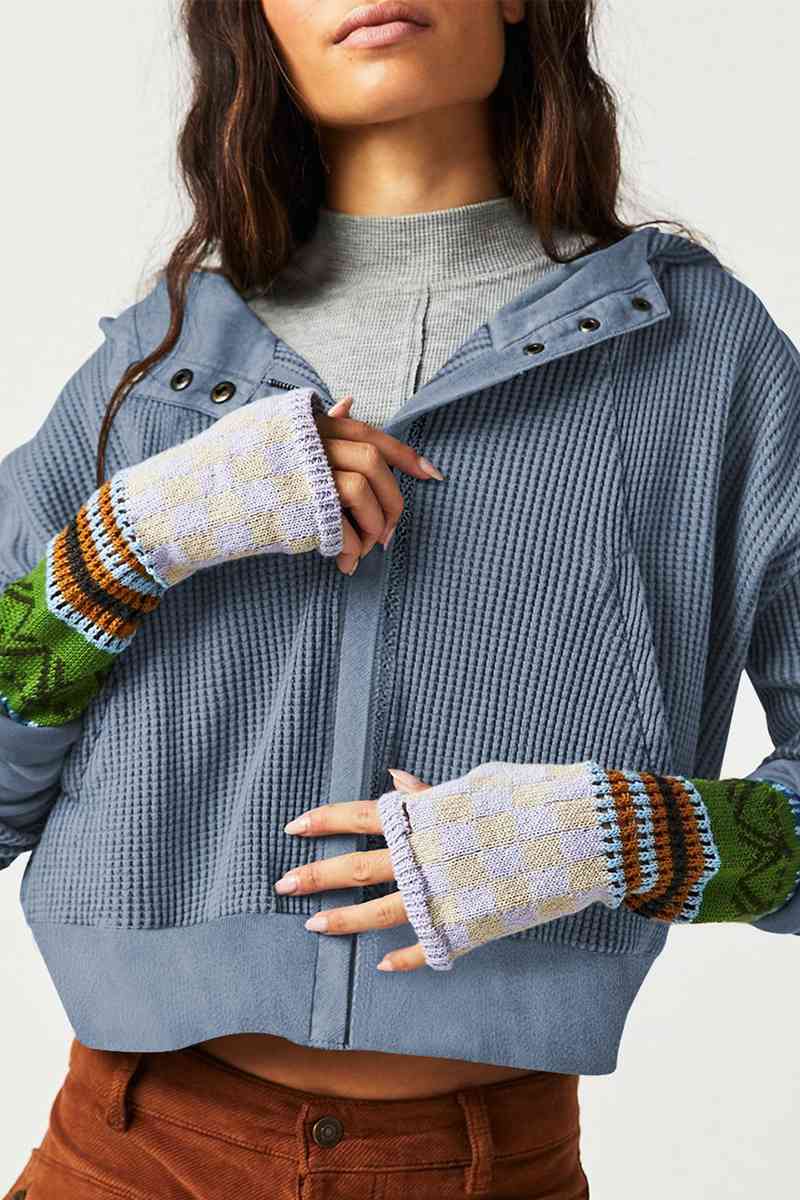 Waffle Knit Long Sleeve Hooded Jacket