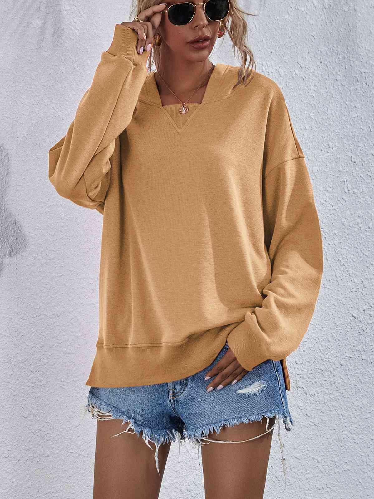 Dropped Shoulder Slit Hoodie Sweatshirt